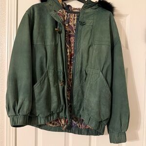 J Percy Leather Jacket Faux Fur trim hood with  Patterned Lining